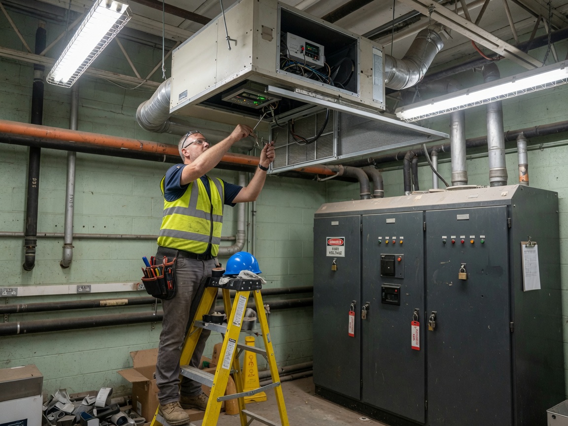 Technicien CVC sur un escabeau, armoire électrique cadenassée derrière