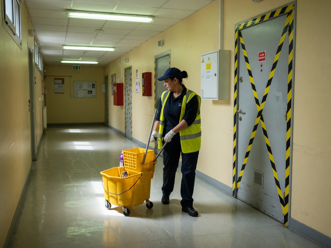 Agent d’entretien passant devant une porte de local technique